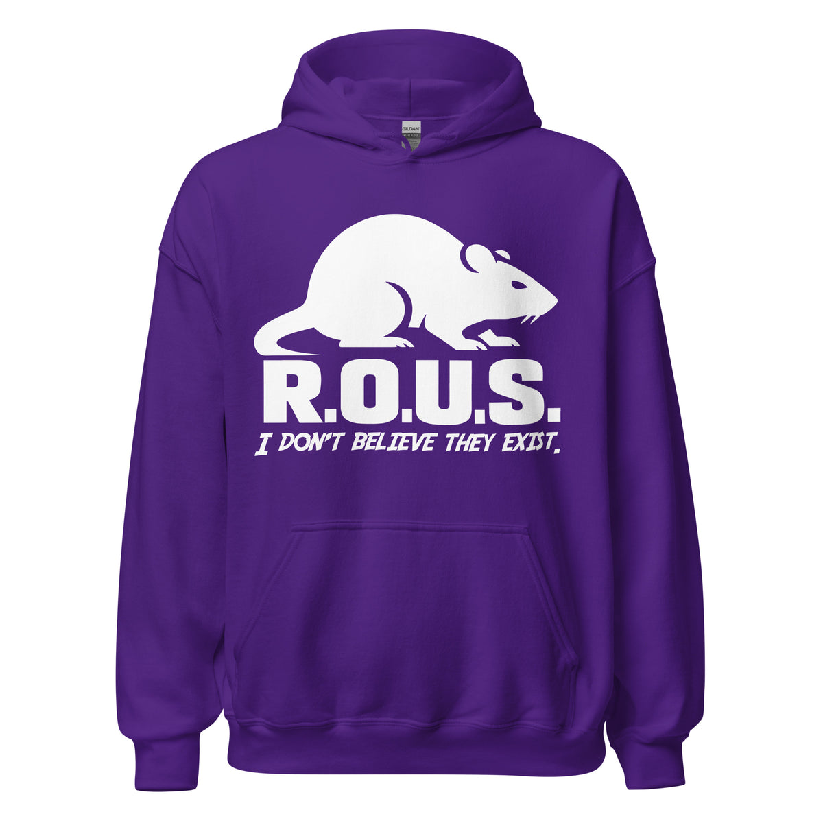 Purple pullover hoodie, front view, featuring the R.O.U.S. Disbelief Statement design