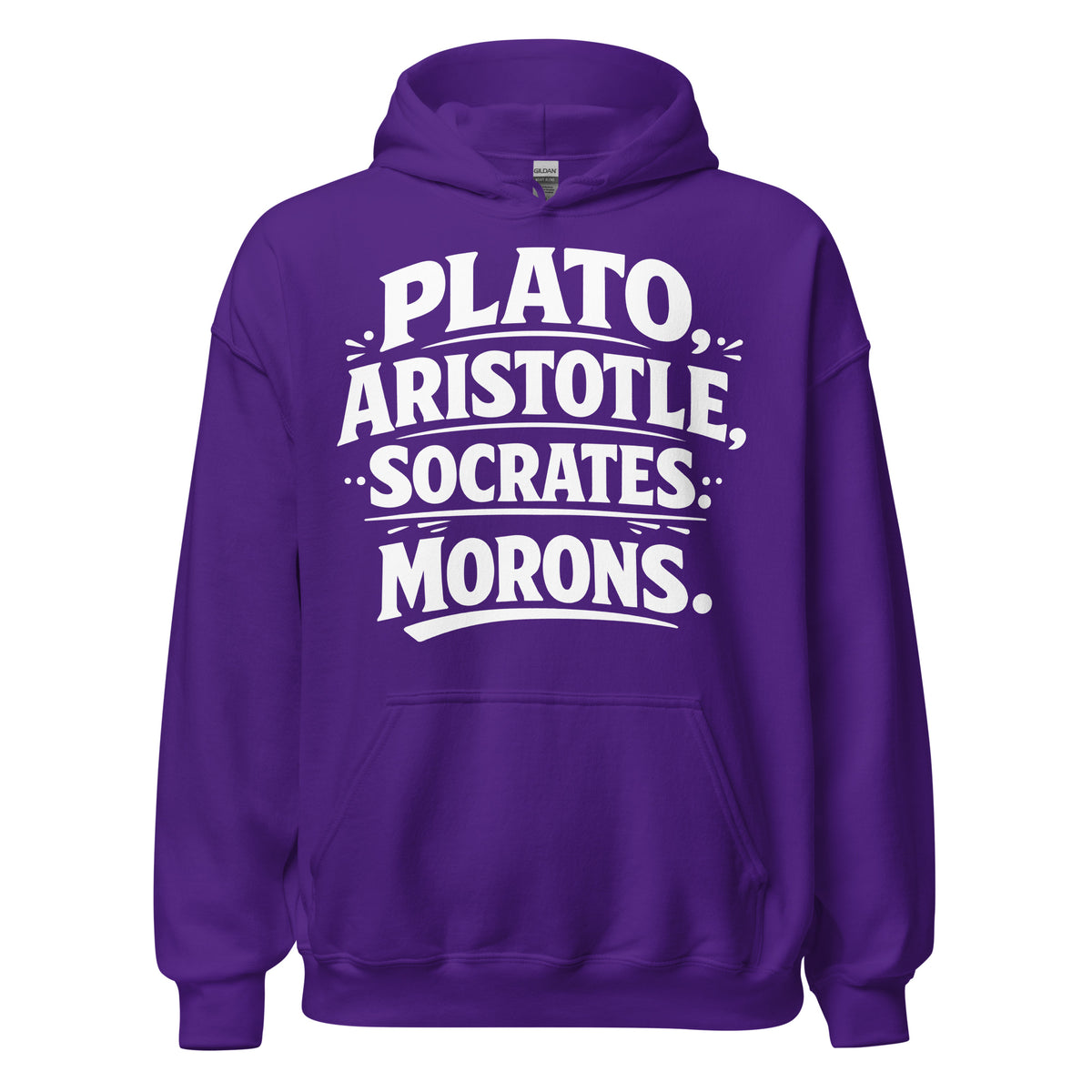 Purple pullover hoodie, front view, featuring the Classical Thinkers design