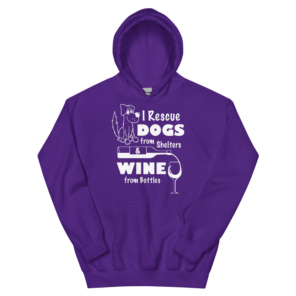 Purple pullover hoodie, front view, featuring the Saving Dogs and Sipping Wine design