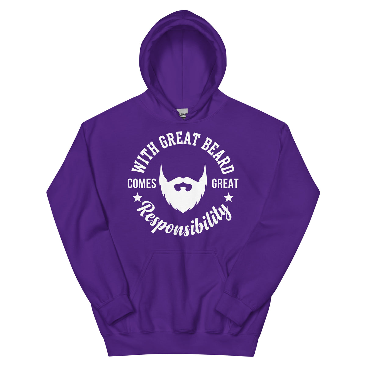 Purple pullover hoodie, front view, featuring the With Great Beard Comes Great Responsibility design