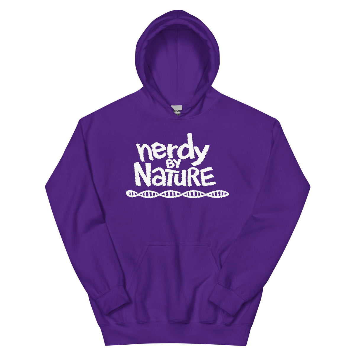 Purple pullover hoodie, front view, featuring the Nerdy By Nature design