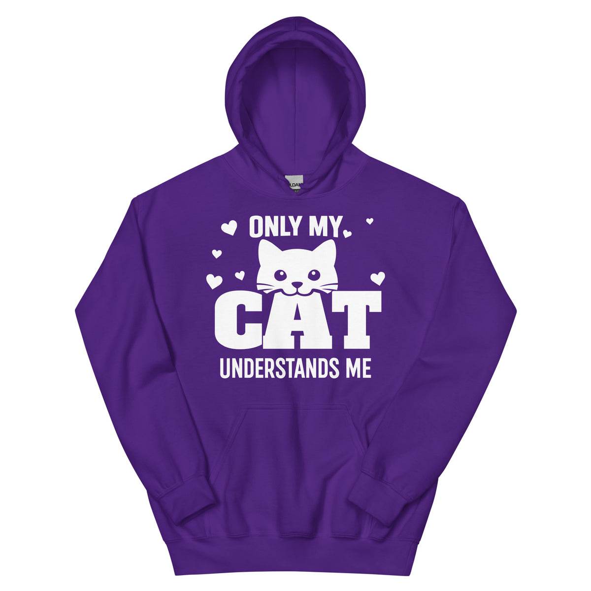 Purple pullover hoodie, front view, showing the Only My Cat Understands Me white cat face and hearts design.