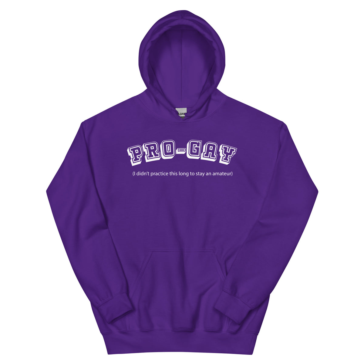 Purple pullover hoodie, front view, for the PRO-GAY varsity lettering and professional-versus-amateur Pride joke design.