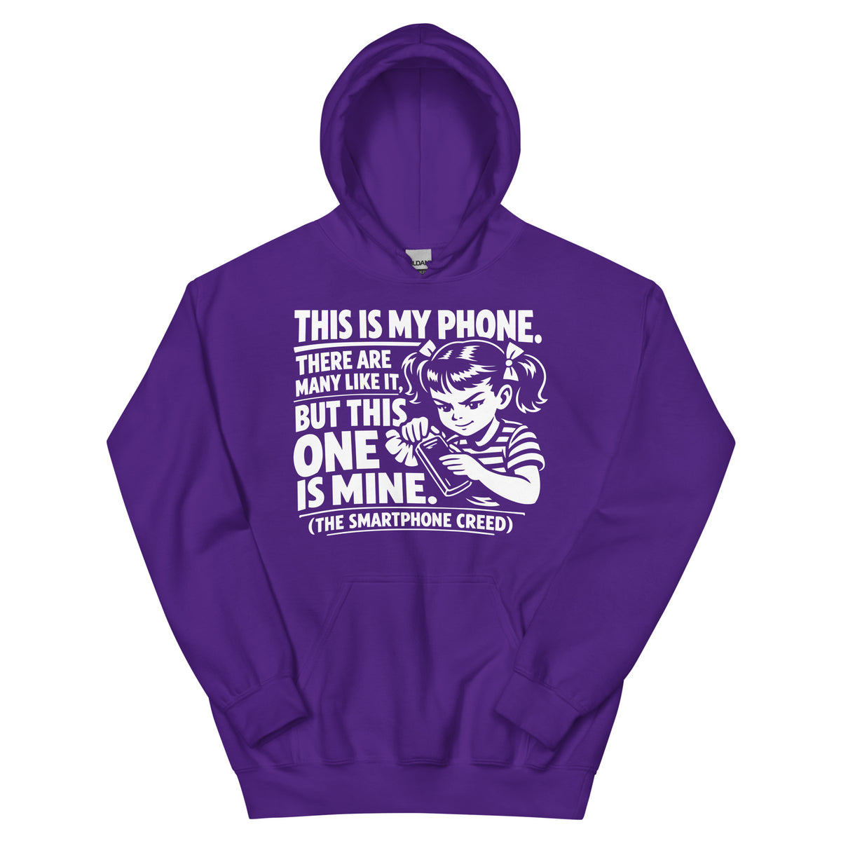 Purple pullover hoodie, front view, showing a mockup for Smartphone Creed retro woman holding a phone and statement lettering.