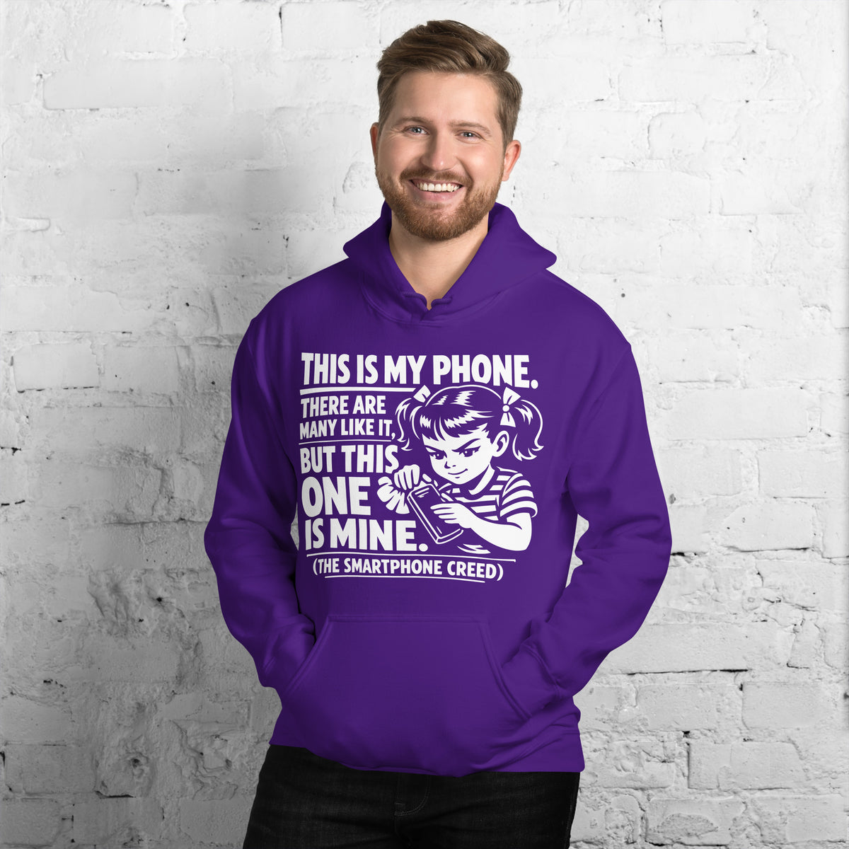 Purple pullover hoodie, front view, showing a mockup for Smartphone Creed retro woman holding a phone and statement lettering.