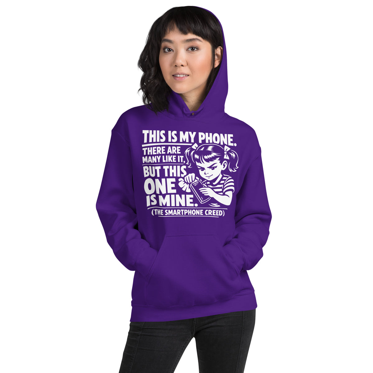 Purple pullover hoodie, front view, showing a mockup for Smartphone Creed retro woman holding a phone and statement lettering.