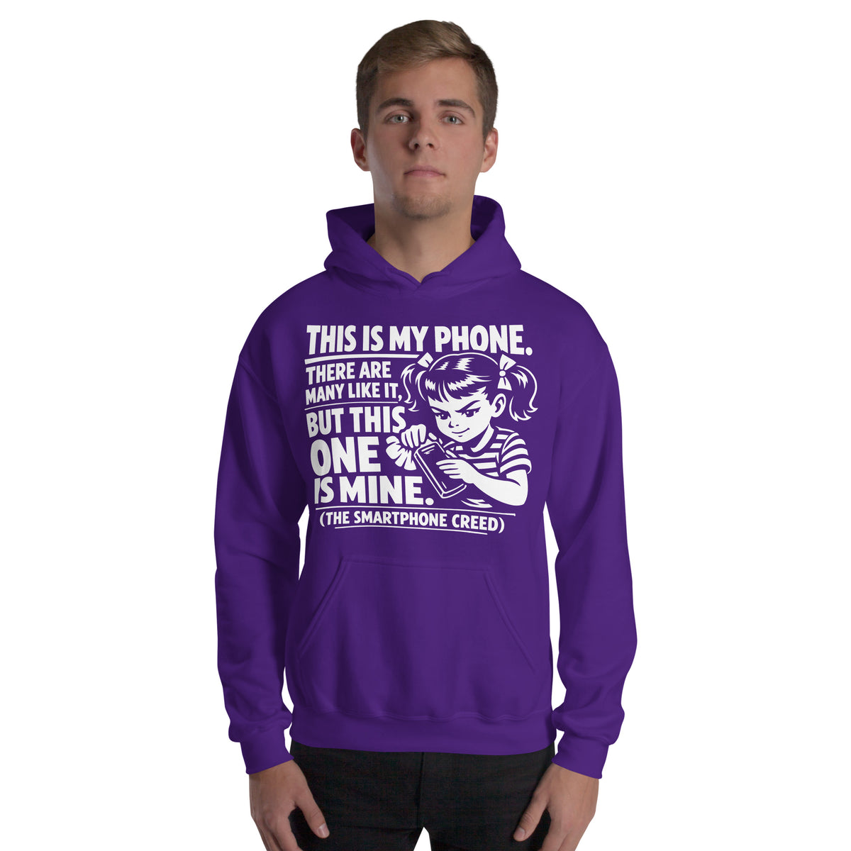 Purple pullover hoodie, front view, showing a mockup for Smartphone Creed retro woman holding a phone and statement lettering.