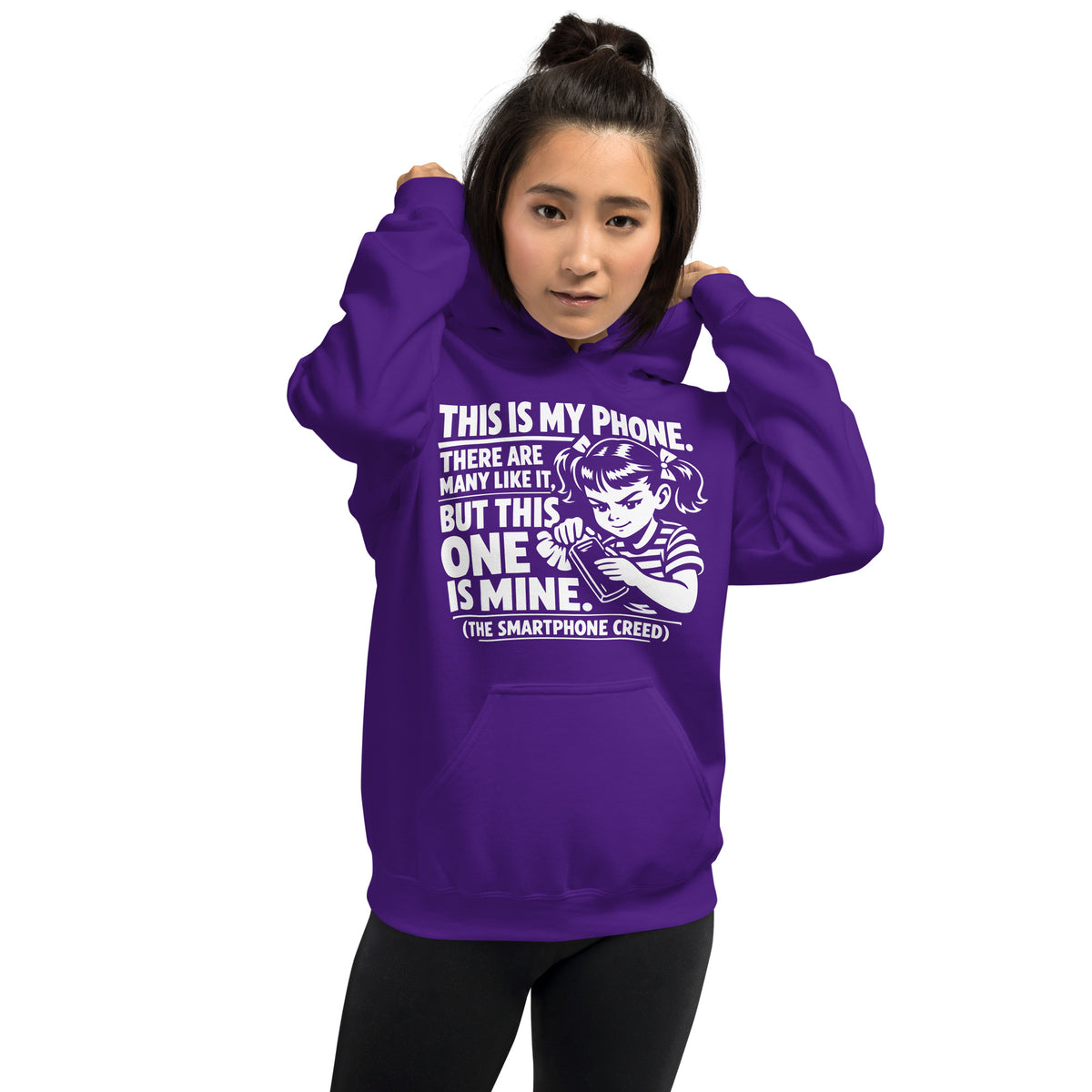 Purple pullover hoodie, front view, showing a mockup for Smartphone Creed retro woman holding a phone and statement lettering.