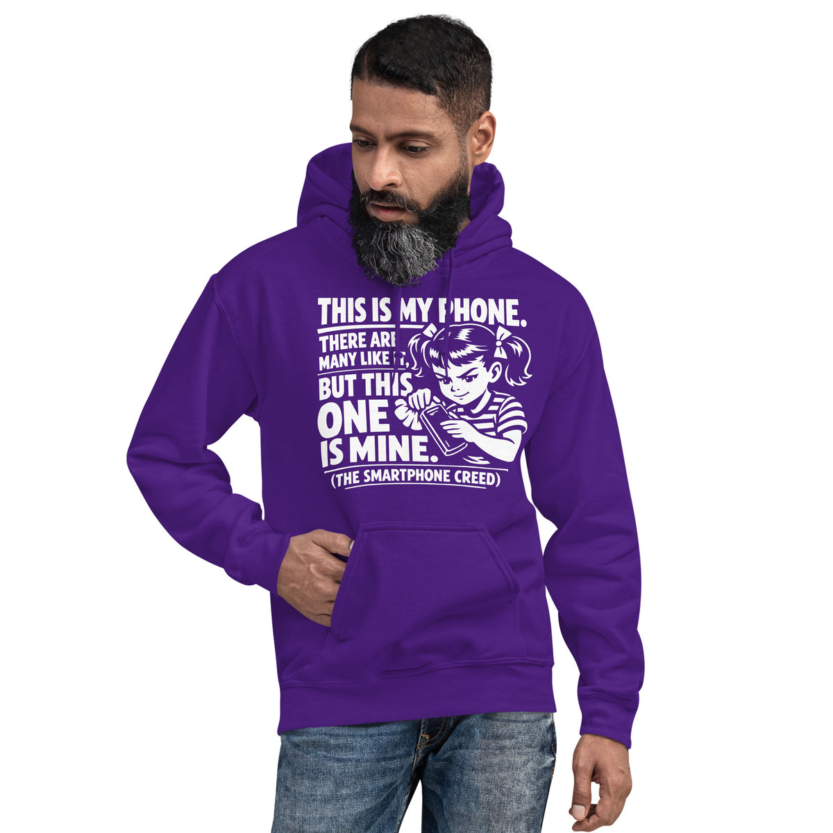 Purple pullover hoodie, front view, showing a mockup for Smartphone Creed retro woman holding a phone and statement lettering.