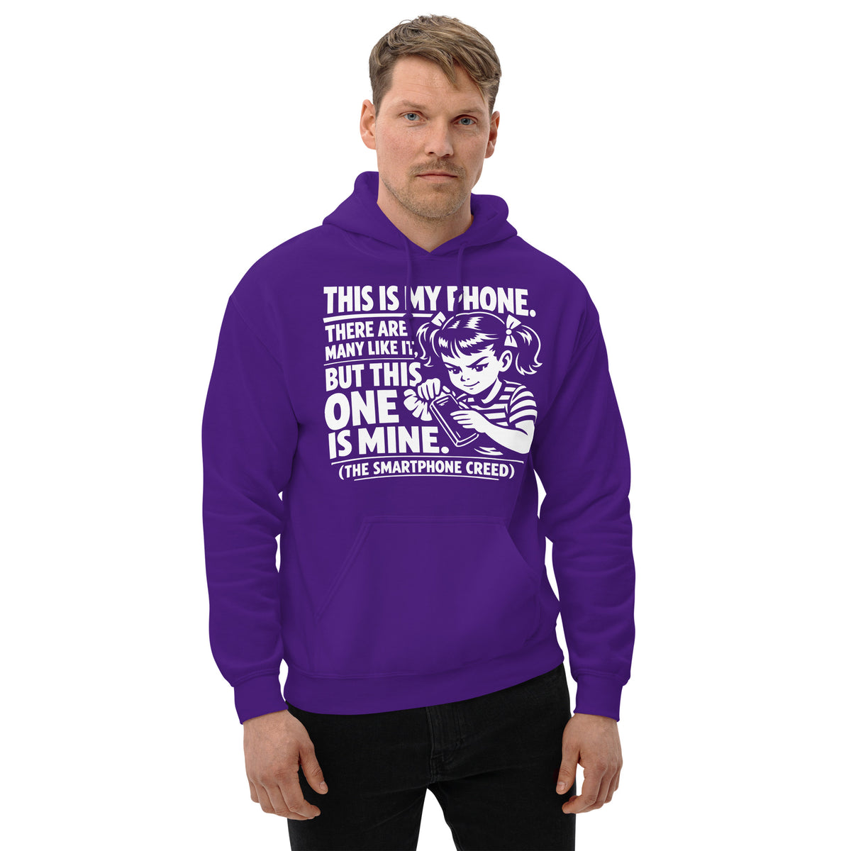 Purple pullover hoodie, front view, showing a mockup for Smartphone Creed retro woman holding a phone and statement lettering.