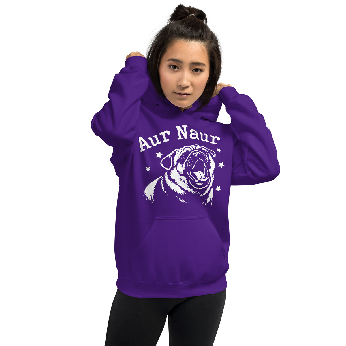 Purple pullover hoodie, front view, featuring Aur Naur white pug portrait and star-accented lettering.