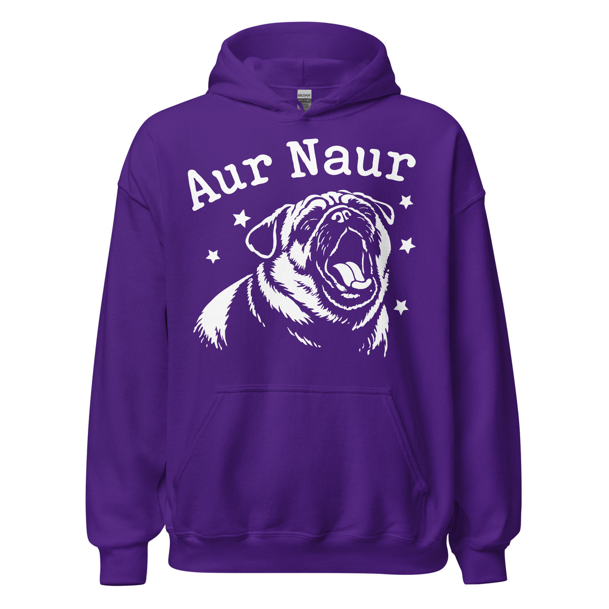 Purple pullover hoodie, front view, featuring Aur Naur white pug portrait and star-accented lettering.