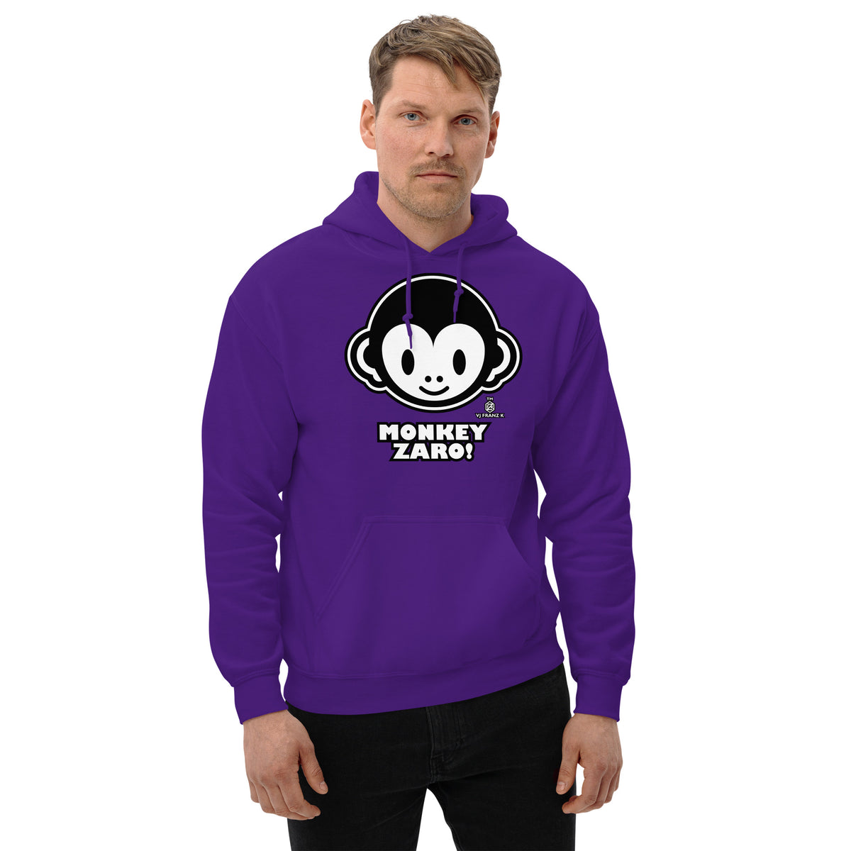 Purple pullover hoodie, front view, featuring Monkey Zaro! white cartoon monkey face and lettering.