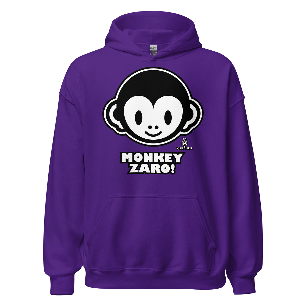 Purple pullover hoodie, front view, featuring Monkey Zaro! white cartoon monkey face and lettering.