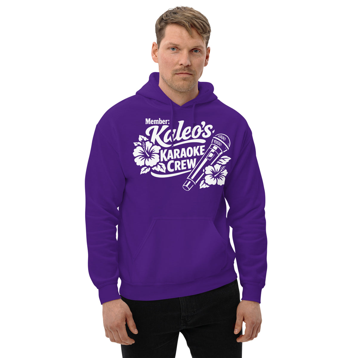 Purple pullover hoodie, front view, featuring Kaleo's Karaoke Crew lettering, microphone, and hibiscus flowers.