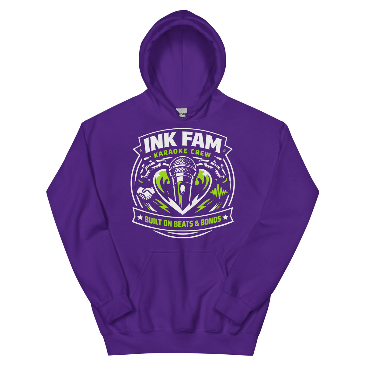 Purple pullover hoodie, front view, featuring DJ Ink Beats & Bonds shield with a microphone and green-and-white lettering.