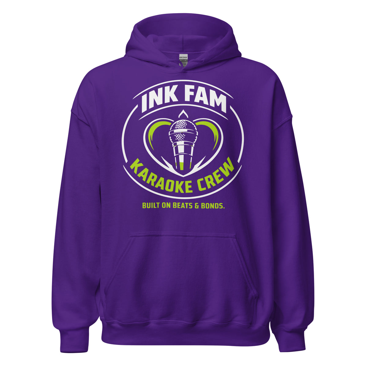 Purple pullover hoodie, front view, featuring the green-and-white circular DJ Ink Fam microphone badge.