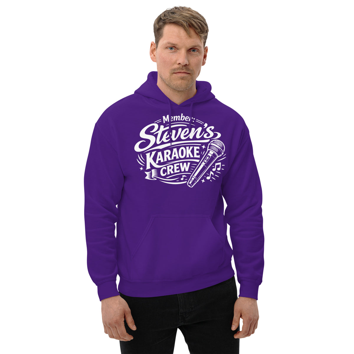 Purple pullover hoodie, front view, featuring Steven's Karaoke Crew lettering and microphone graphic.