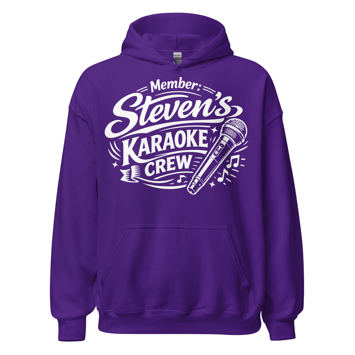 Purple pullover hoodie, front view, featuring Steven's Karaoke Crew lettering and microphone graphic.