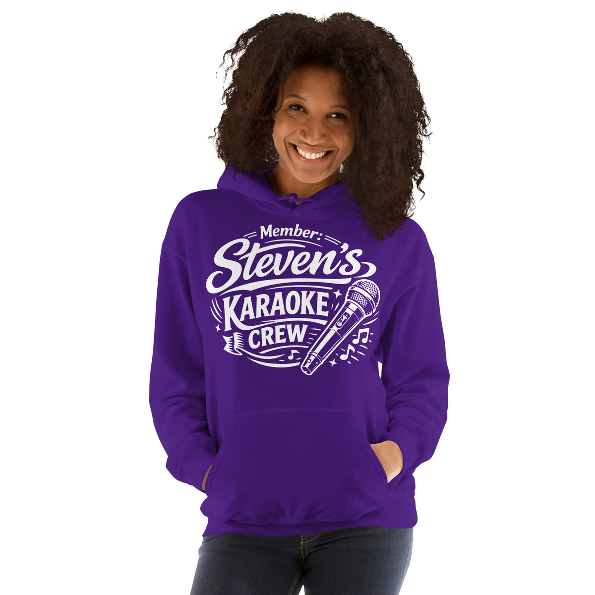 Purple pullover hoodie, front view, featuring Steven's Karaoke Crew lettering and microphone graphic.