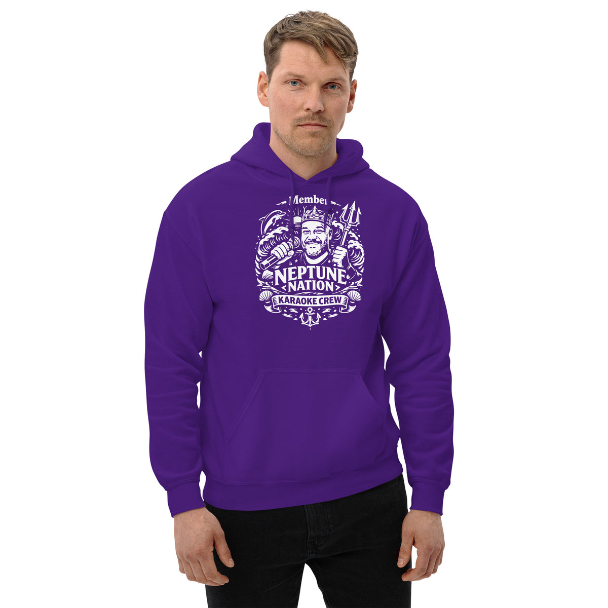 Purple pullover hoodie, front view, featuring KJ Neptune's Neptune Nation nautical microphone and trident badge.