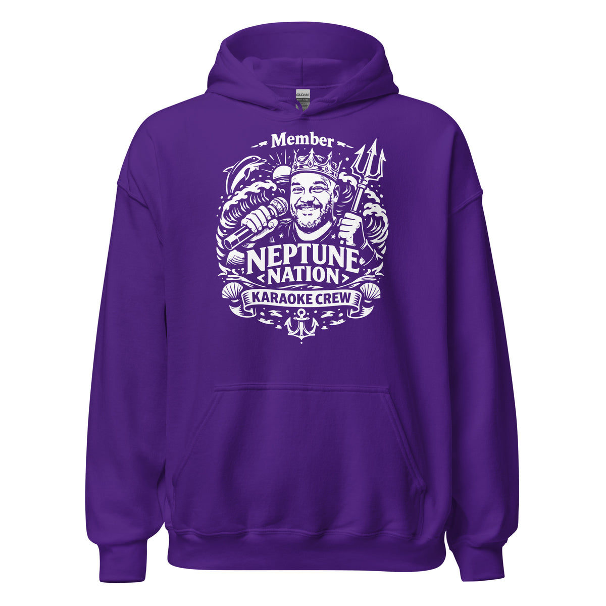 Purple pullover hoodie, front view, featuring KJ Neptune's Neptune Nation nautical microphone and trident badge.