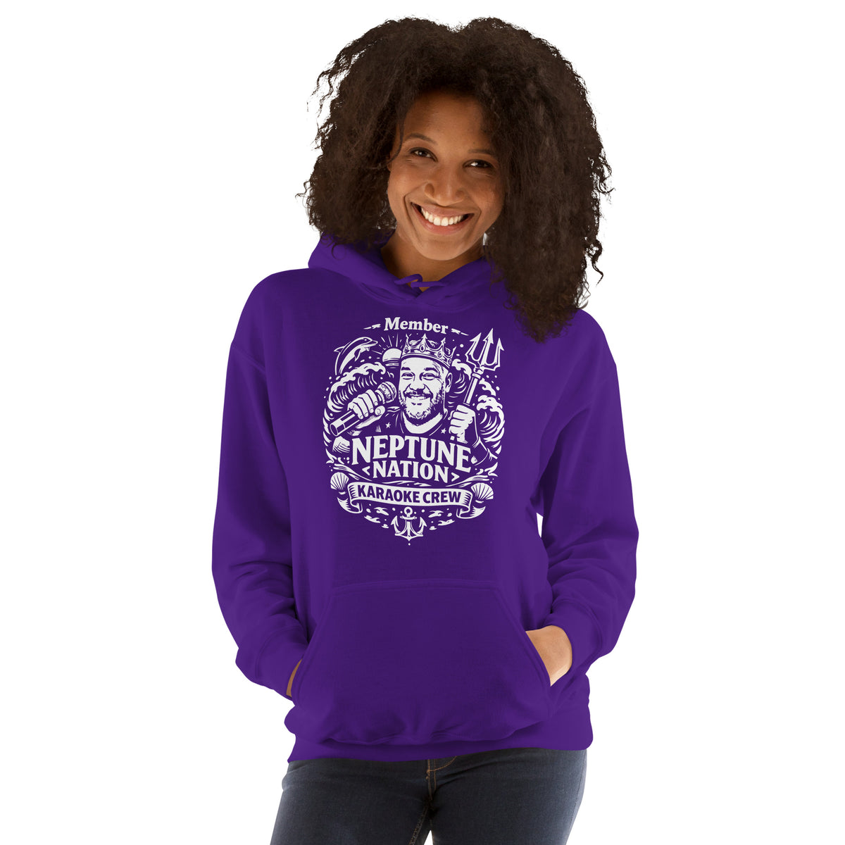Purple pullover hoodie, front view, featuring KJ Neptune's Neptune Nation nautical microphone and trident badge.
