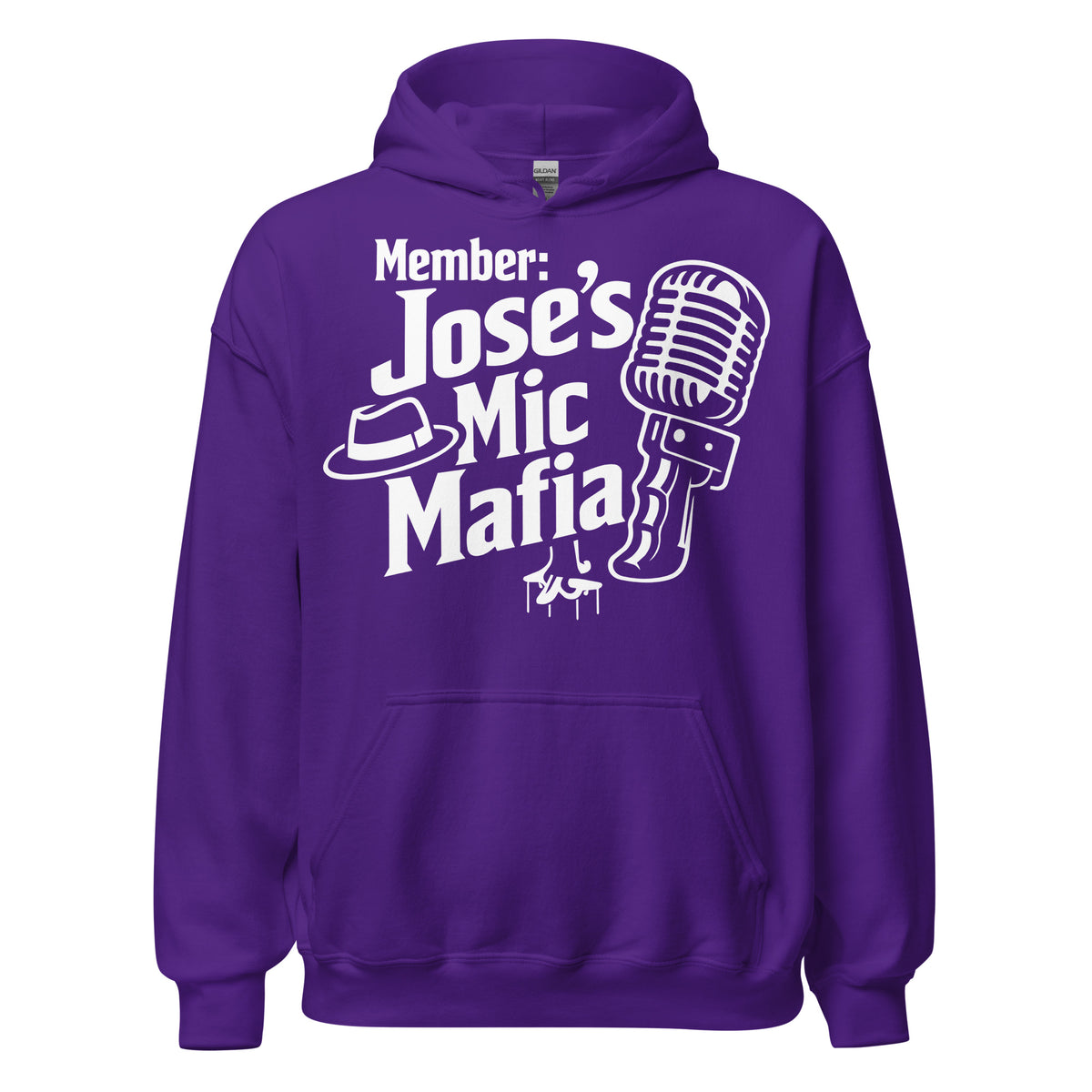 Purple pullover hoodie, front view, featuring Jose's Mic Mafia microphone and fedora design.