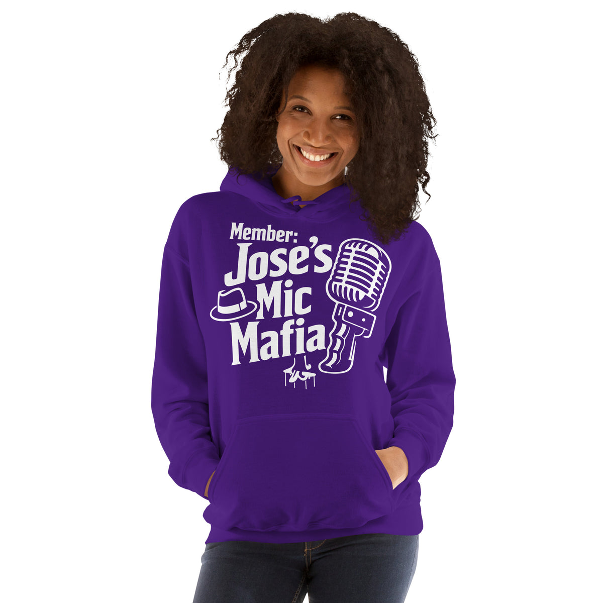 Purple pullover hoodie, front view, featuring Jose's Mic Mafia microphone and fedora design.