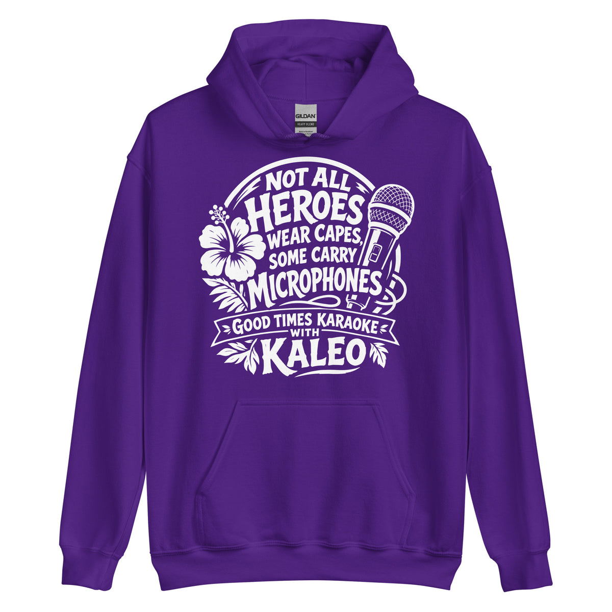 Purple pullover hoodie, front view, featuring Kaleo's Karaoke Heroes 'Not All Heroes Wear Capes, Some Carry Microphones' graphic.