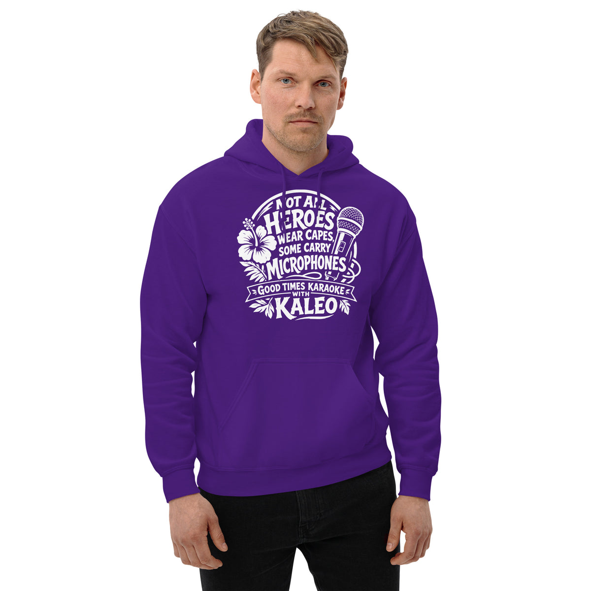 Purple pullover hoodie, front view, featuring Kaleo's Karaoke Heroes 'Not All Heroes Wear Capes, Some Carry Microphones' graphic.