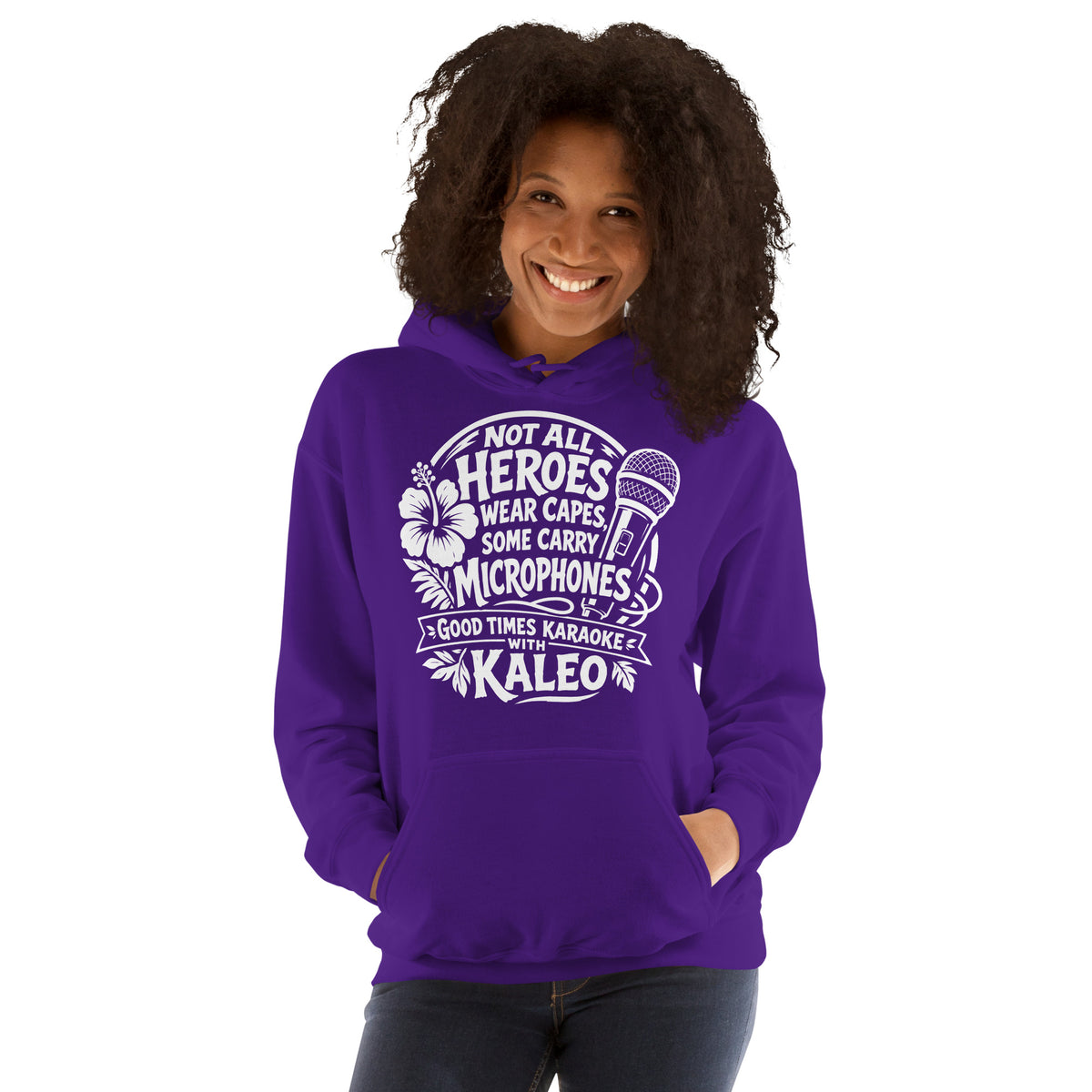 Purple pullover hoodie, front view, featuring Kaleo's Karaoke Heroes 'Not All Heroes Wear Capes, Some Carry Microphones' graphic.