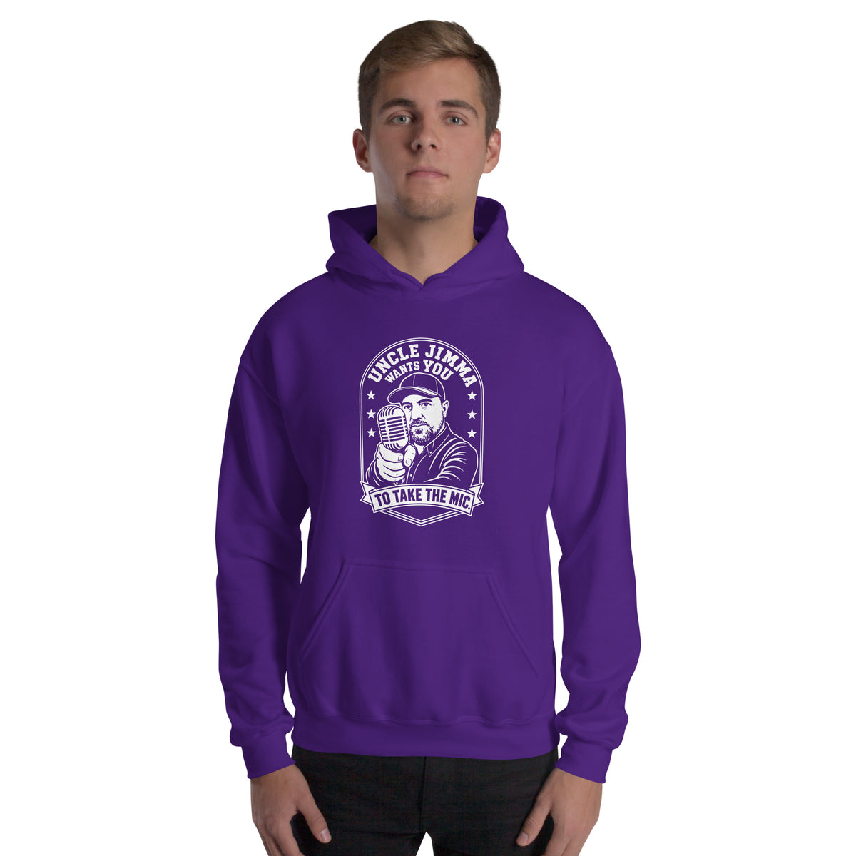 Purple pullover hoodie, front view, featuring Uncle Jimma Wants You to Take the Mic pointing portrait and microphone.