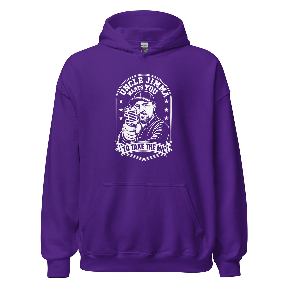 Purple pullover hoodie, front view, featuring Uncle Jimma Wants You to Take the Mic pointing portrait and microphone.