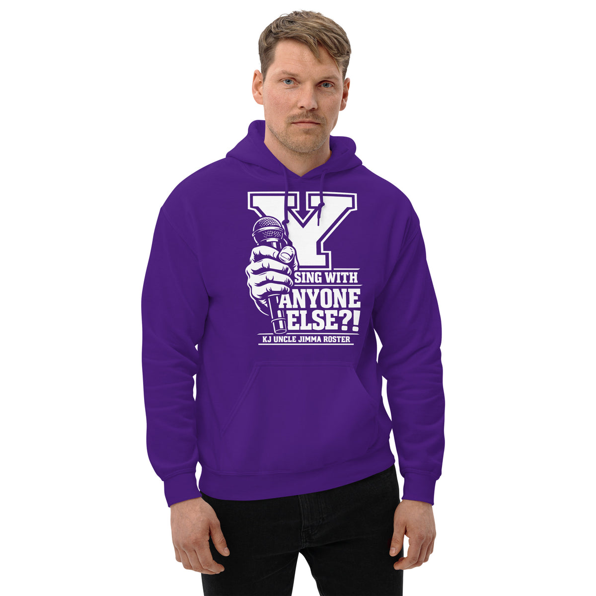 Purple pullover hoodie, front view, featuring Uncle Jimma Roster Anthem varsity Y with hand-held microphone.