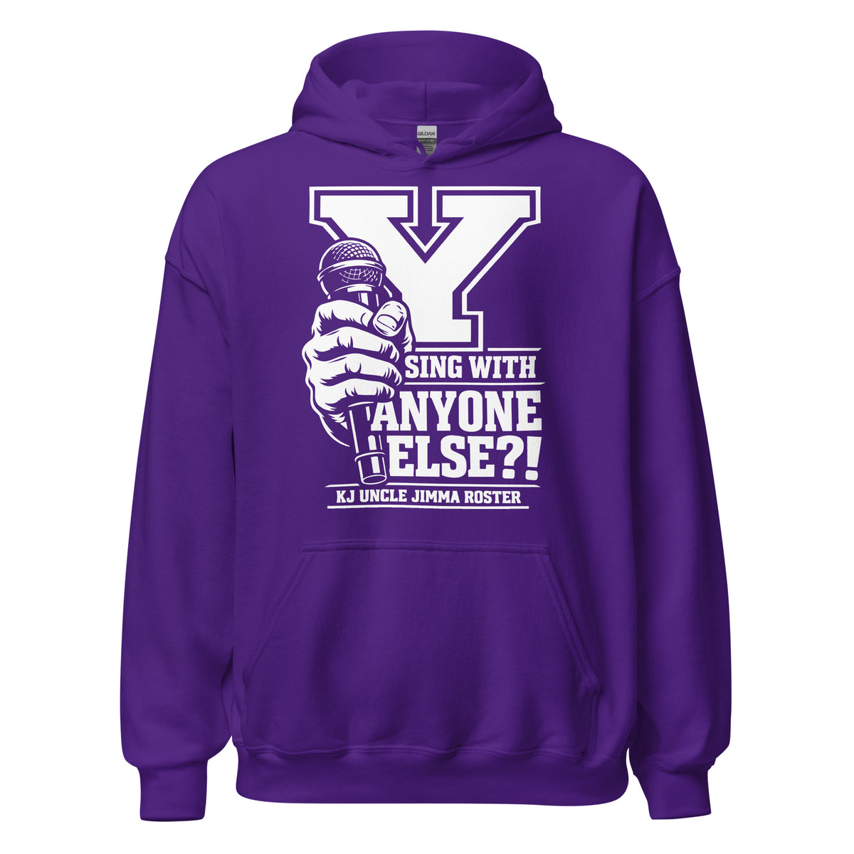 Purple pullover hoodie, front view, featuring Uncle Jimma Roster Anthem varsity Y with hand-held microphone.
