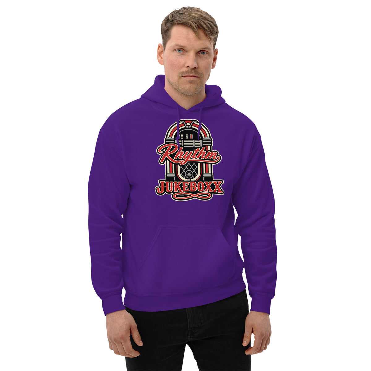 Purple pullover hoodie, front view, featuring Rhythm Jukeboxx red-and-cream retro jukebox graphic.