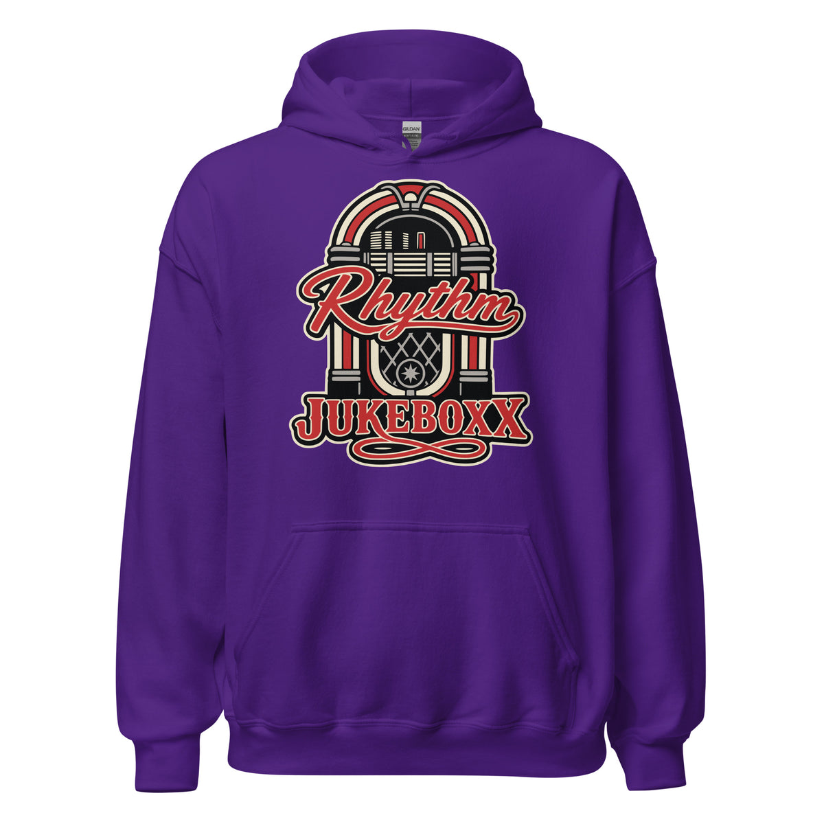 Purple pullover hoodie, front view, featuring Rhythm Jukeboxx red-and-cream retro jukebox graphic.