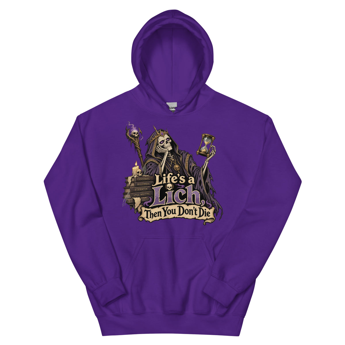 Purple pullover hoodie, front view, featuring the Life's a Lich, Then You Don't Die bored undead lich design.