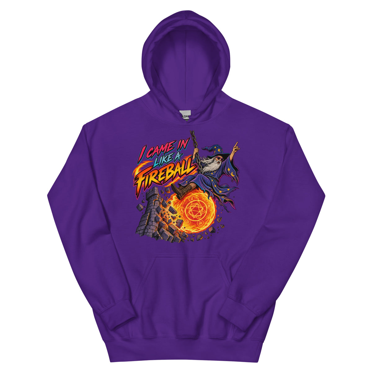 Purple pullover hoodie, front view, featuring the I Came In Like a Fireball wizard design