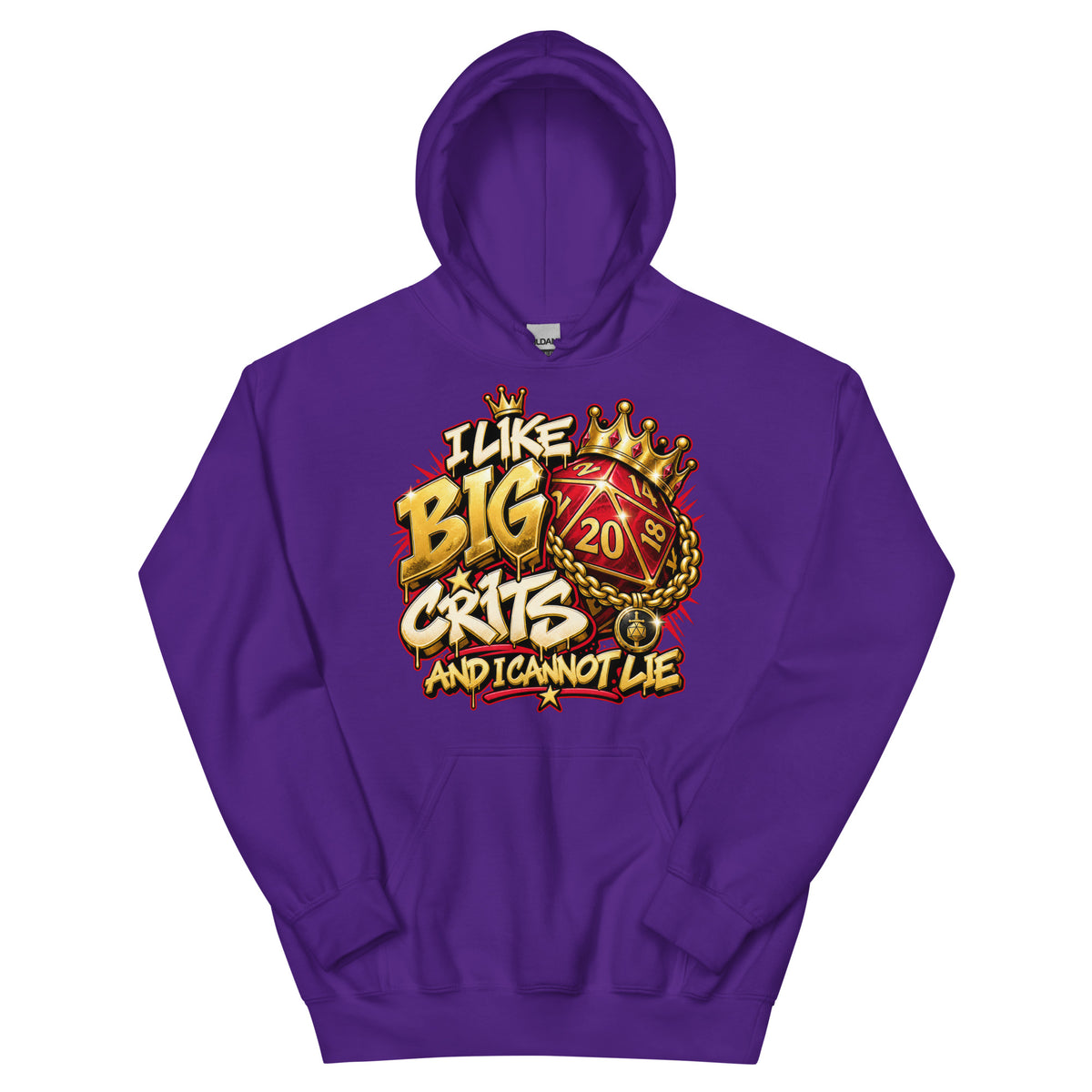 Purple pullover hoodie, front view, featuring the I Like Big Crits and I Cannot Lie crowned d20 design