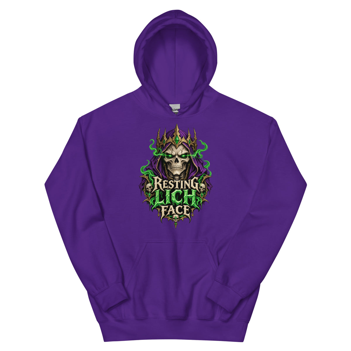 Purple pullover hoodie, front view, featuring the Resting Lich Face crowned skull lich design