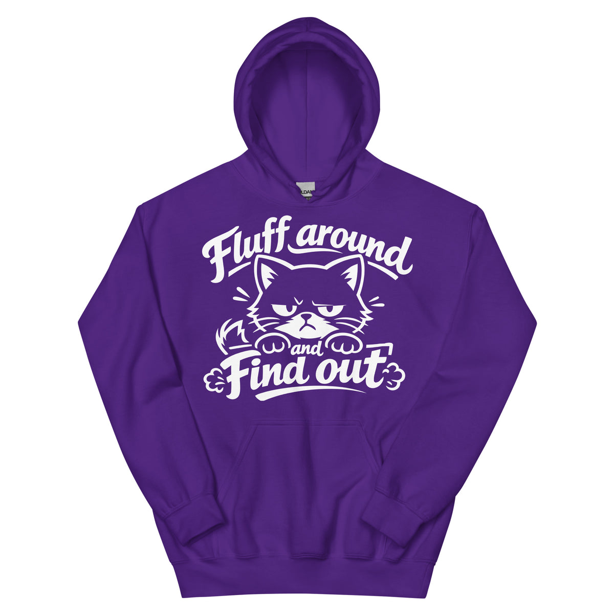 Purple pullover hoodie, front view, featuring the Fluff Around and Find Out grumpy cat design