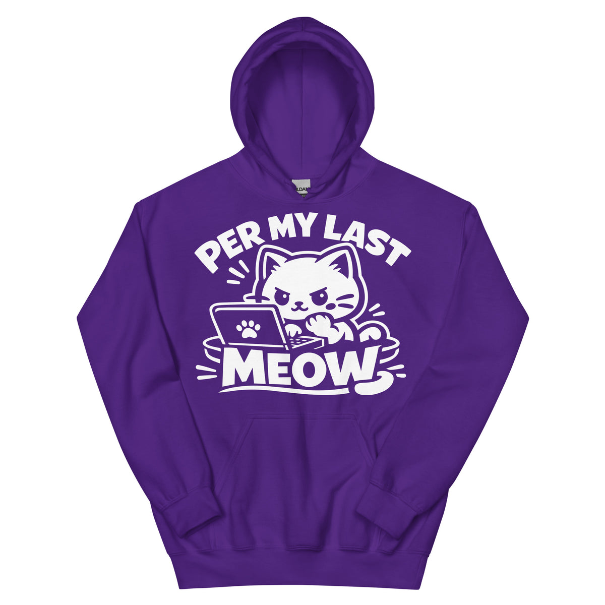 Purple pullover hoodie, front view, featuring the Per My Last Meow cat design