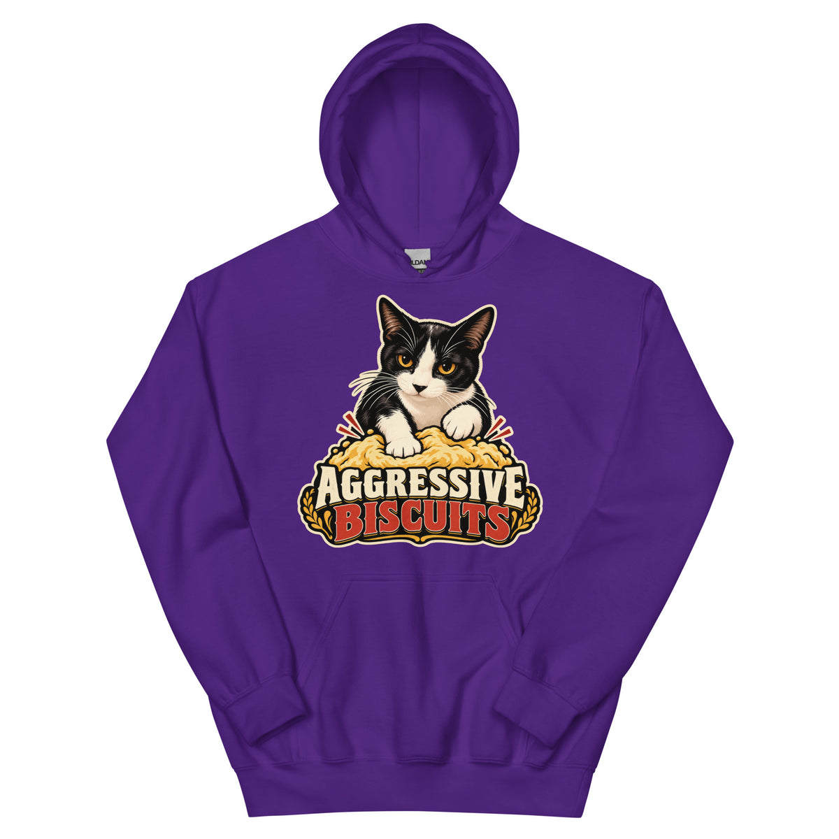 Purple pullover hoodie, front view, featuring the Aggressive Biscuits kneading tuxedo cat design