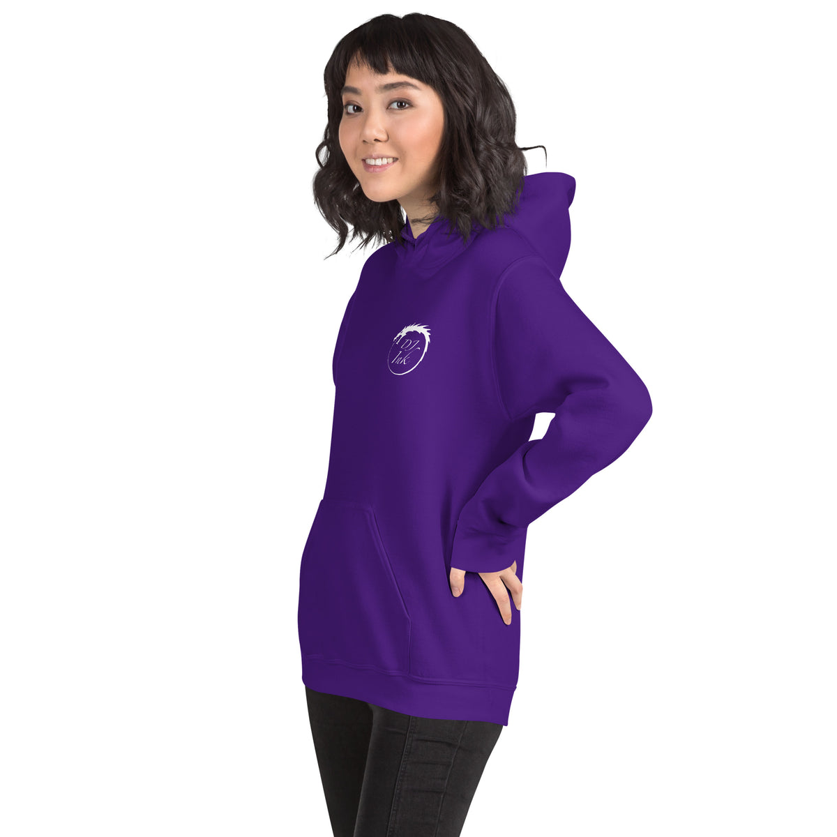 Purple pullover hoodie, left-front angled view, featuring DJ Ink white Ouroboros dragon-circle logo.
