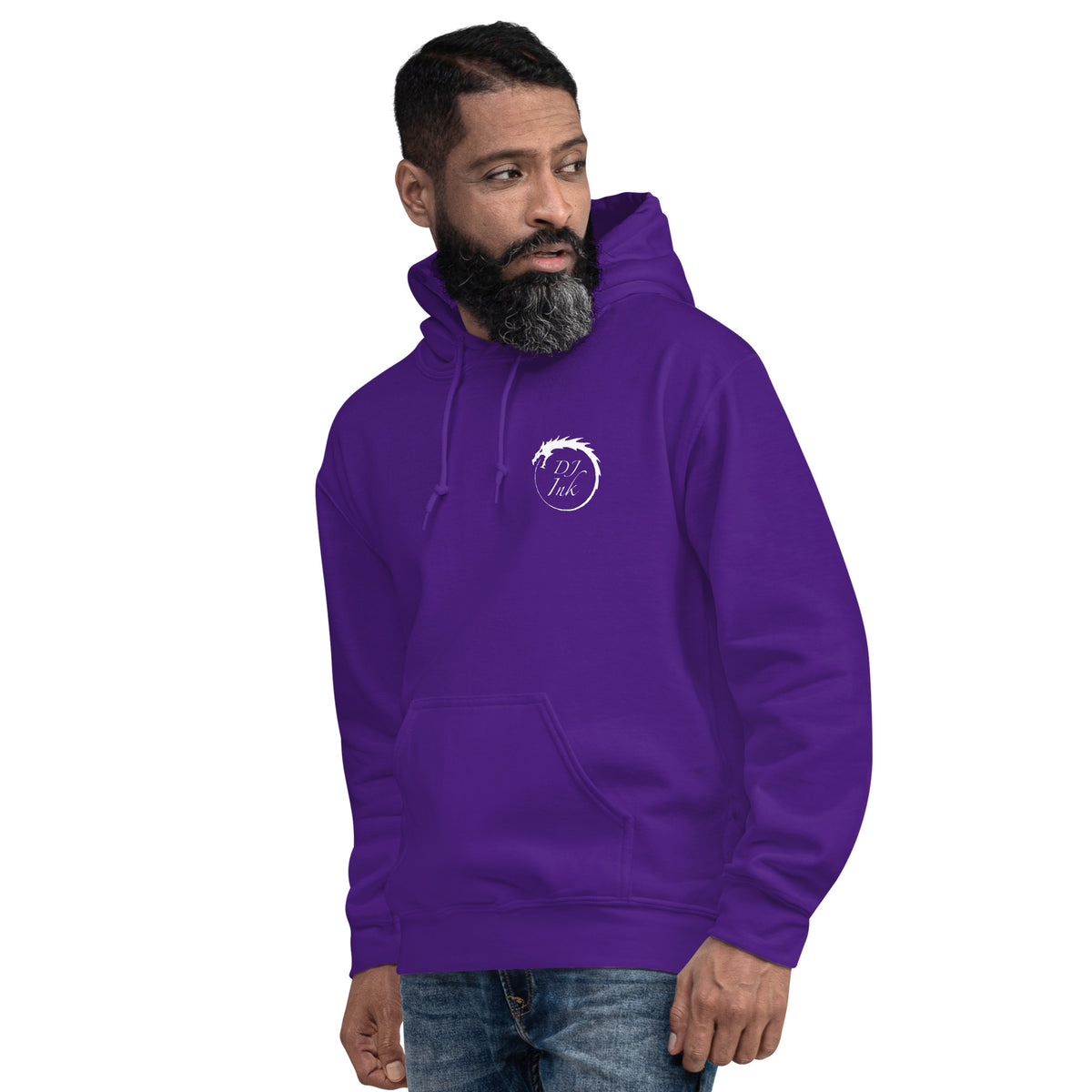 Purple pullover hoodie, left-front angled view, featuring DJ Ink white Ouroboros dragon-circle logo.