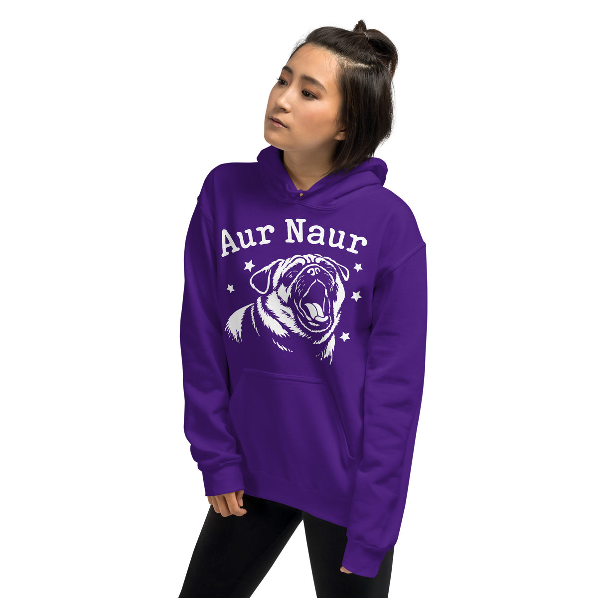 Purple pullover hoodie, left-front angled view, featuring Aur Naur white pug portrait and star-accented lettering.