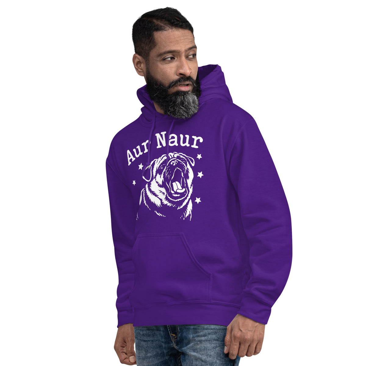 Purple pullover hoodie, left-front angled view, featuring Aur Naur white pug portrait and star-accented lettering.
