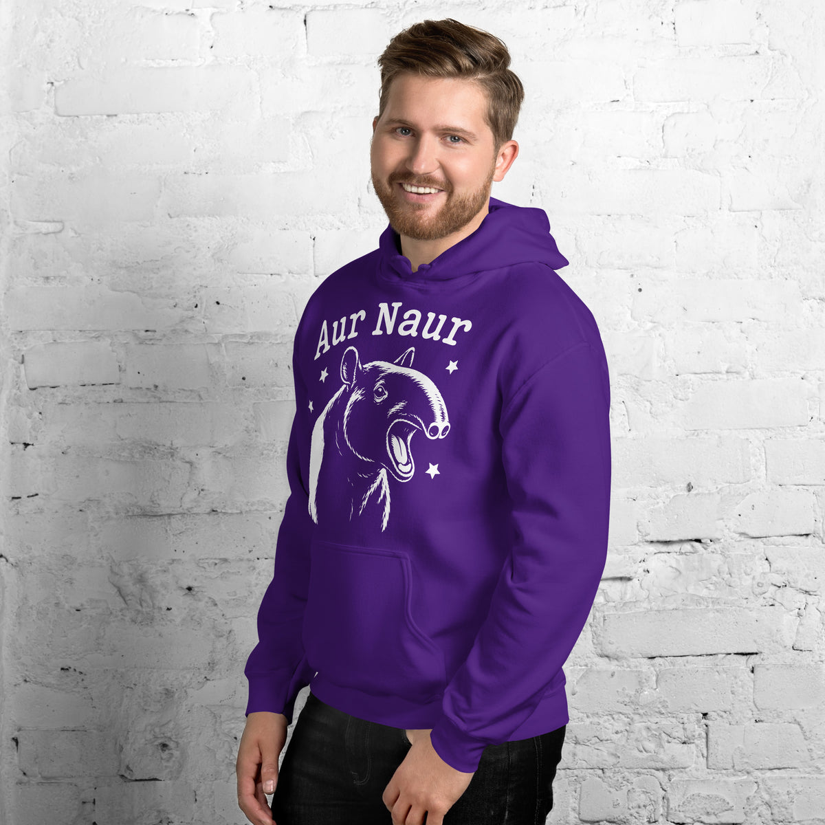 Purple pullover hoodie, left-front angled view, featuring Aur Naur white tapir portrait, stars and lettering.